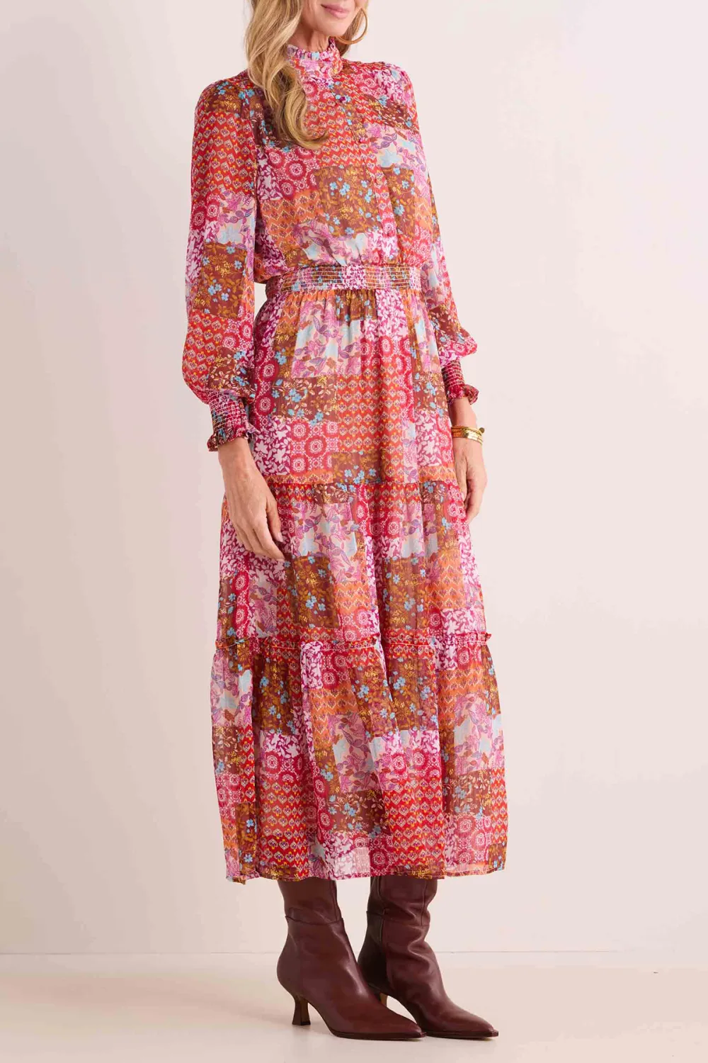 Salmon Pink Print Stand Collar Maxi Dress