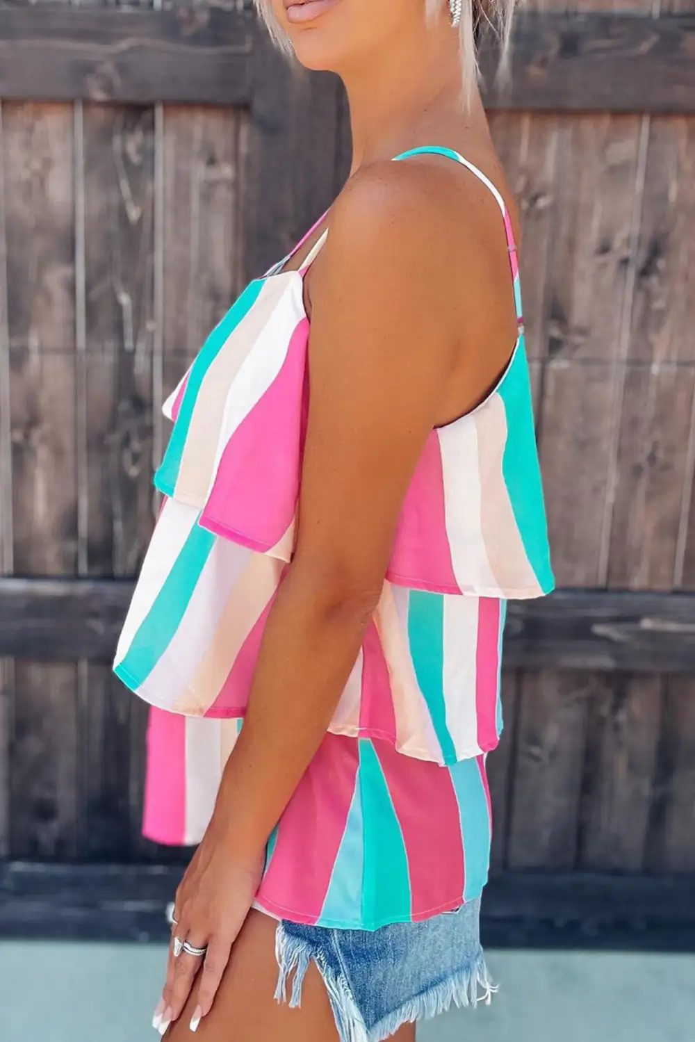 Spaghetti Straps Tiered Ruffle Striped Tank Top