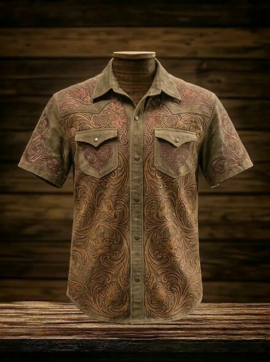 Men's Western Cowboy Floral Tooled Leather Printed Shirt-3