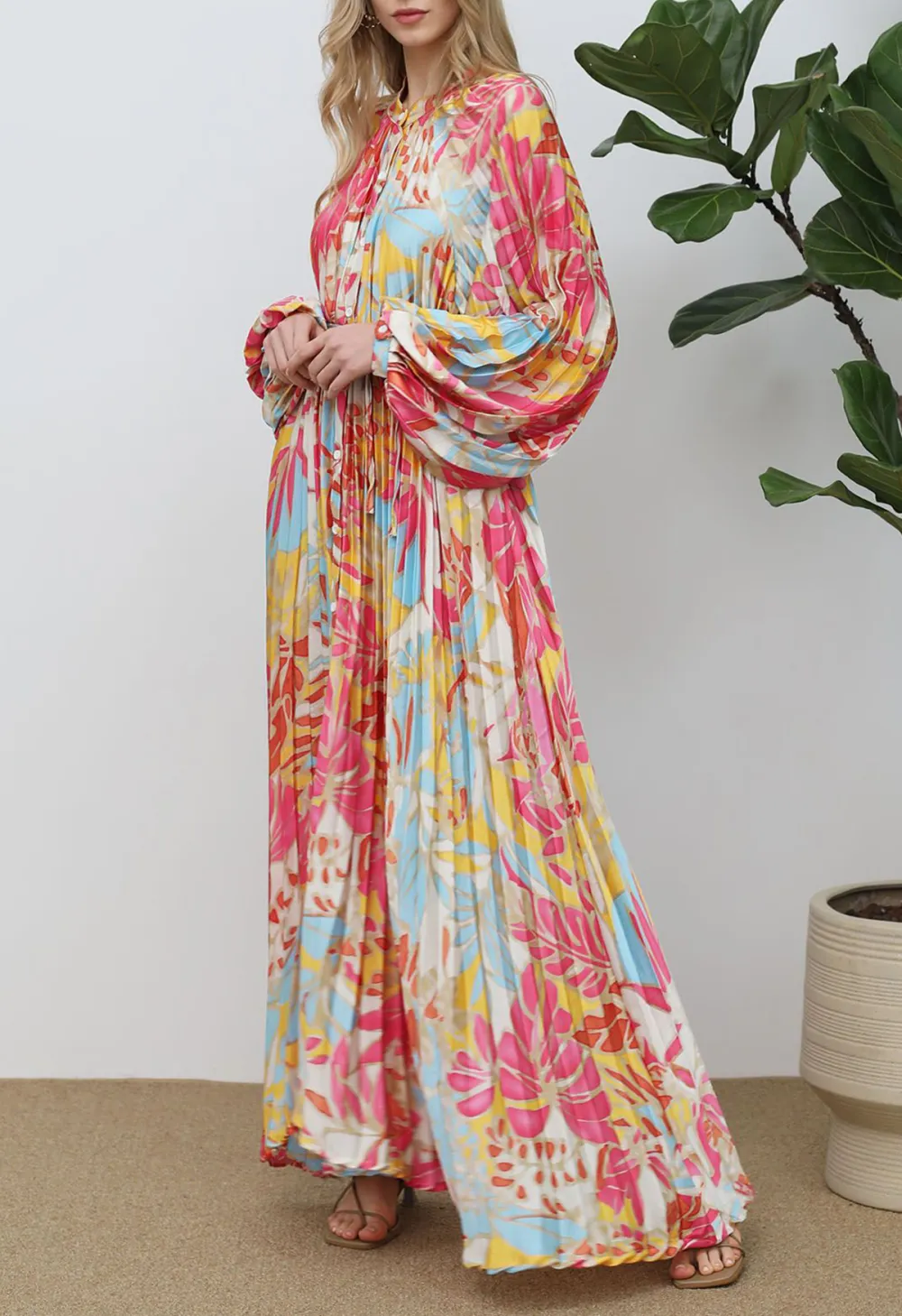 CORAL TROPICAL PRINTED FULL PLEATS BUTTON DOWN ASYMMETRIC MAXI DRESS