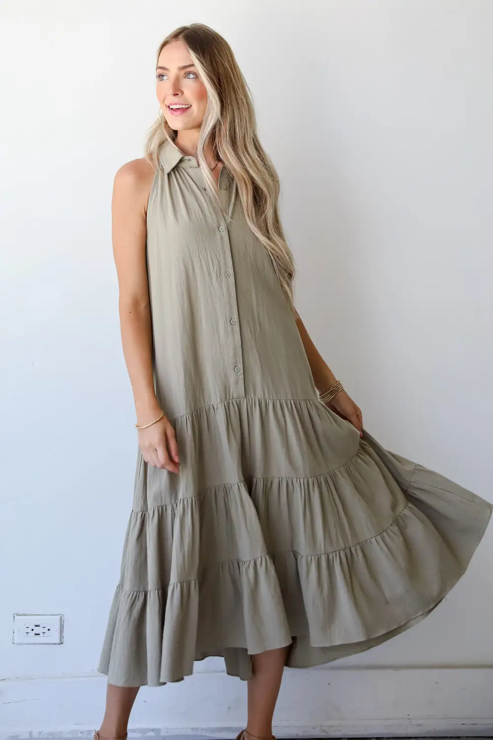 Sweet Destiny Light Olive Tiered Midi Dress