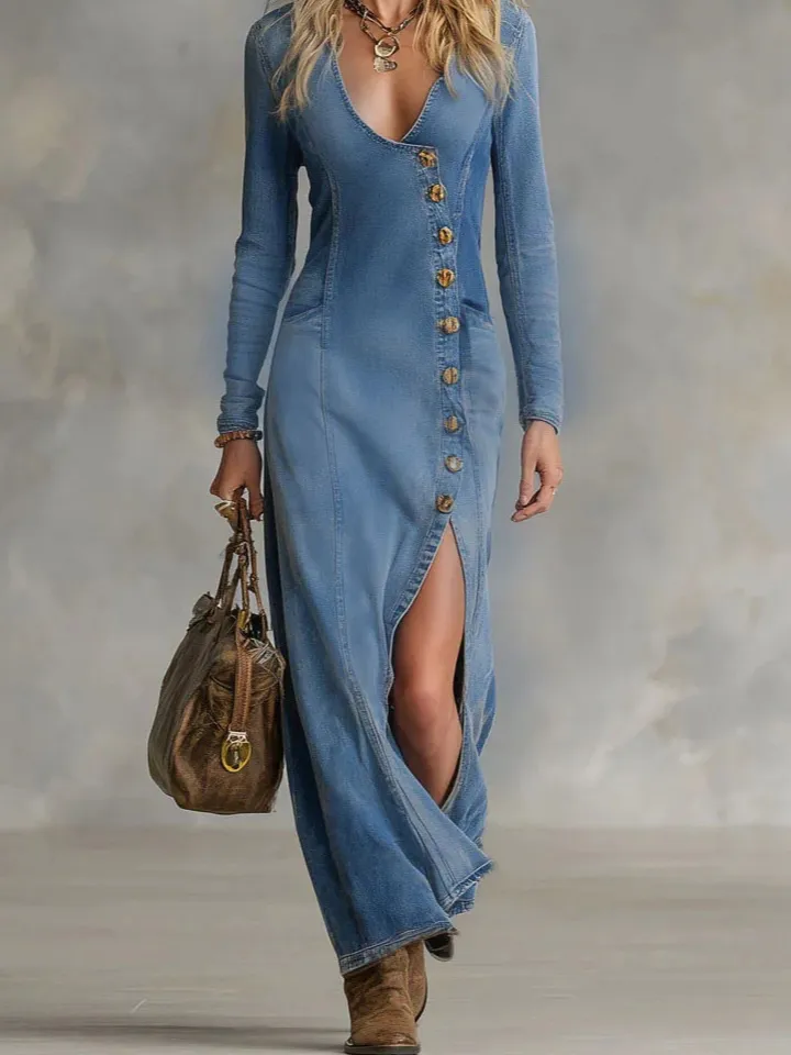 Button Front V Neck Maxi Dress