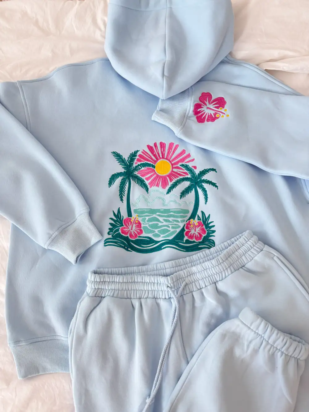 Icy Hibiscus Flower Beach Babe Embroider Hoodie