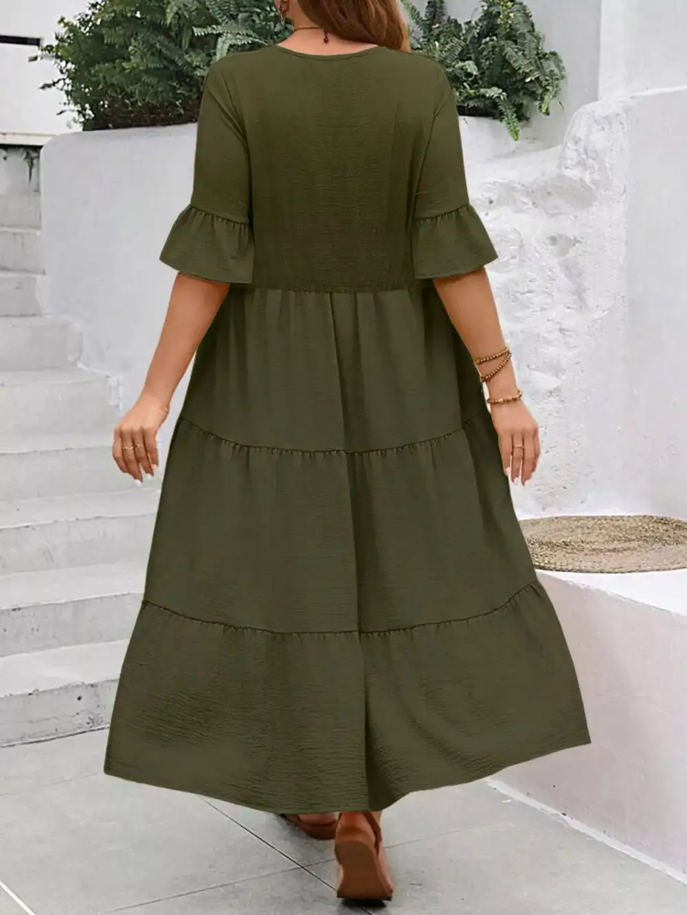 Plus Size Ruffle Sleeves Tiered Midi Dress
