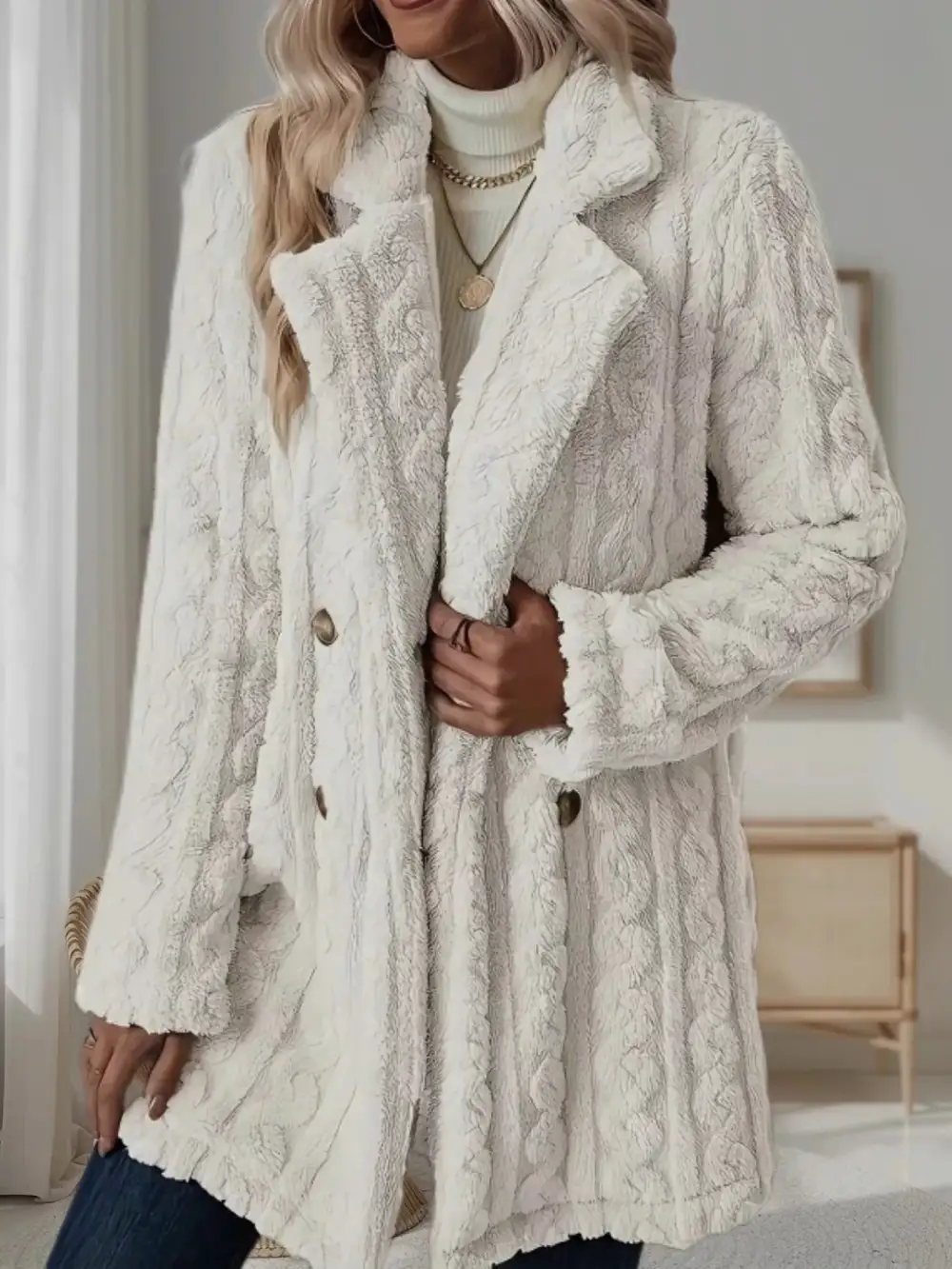 Double-breasted Fleece Longline Coat