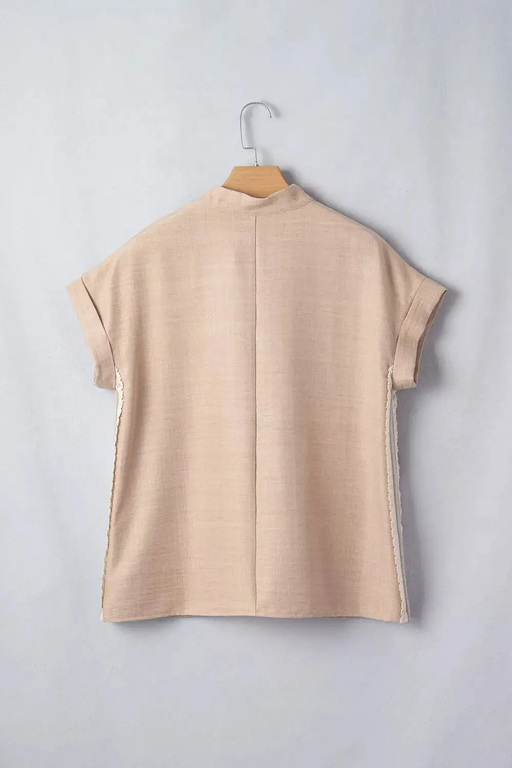 Crochet Lace Accent Pullover Rolled Short Sleeve