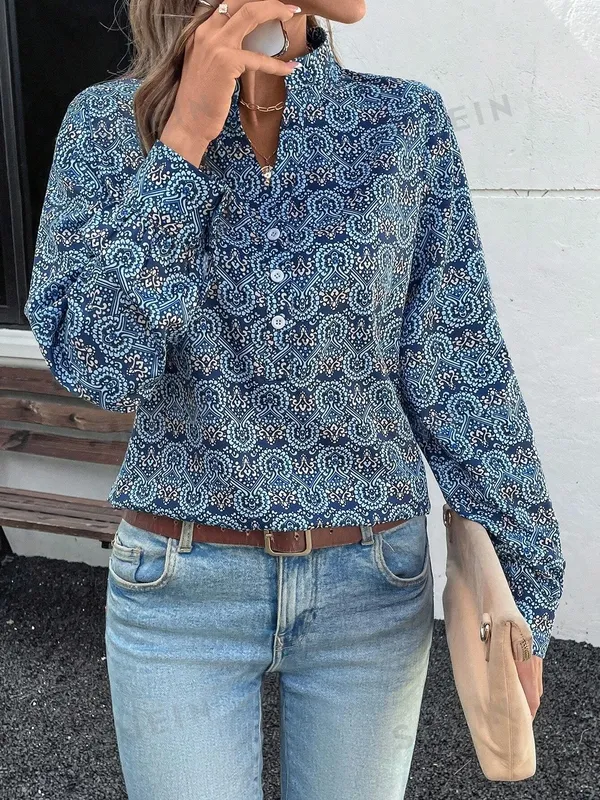 Women's All Over Print Button Front Notched Blouse