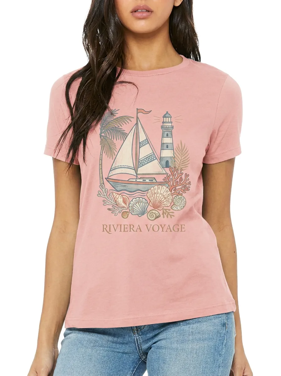 Women's Riviera Voyage Sailboat Lighthouse Printed T-shirt