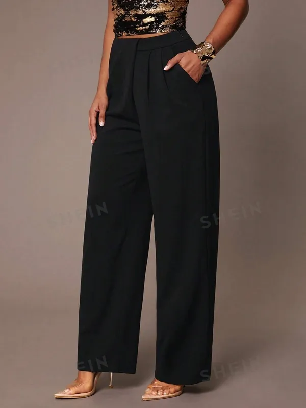 Women's Draped Graphic Letter Plain Contrast Sequin Zipper Trousers