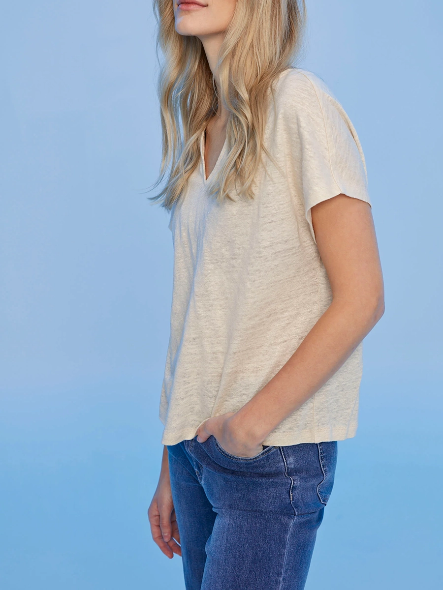 Linen Blend Soft V-Neck Short Sleeves