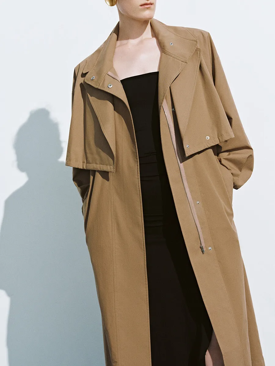 Ladies' Khaki Long Casual Style Large Lapel Trench Coat