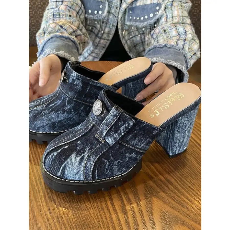 Denim Round Toe Block-Heel Sandals