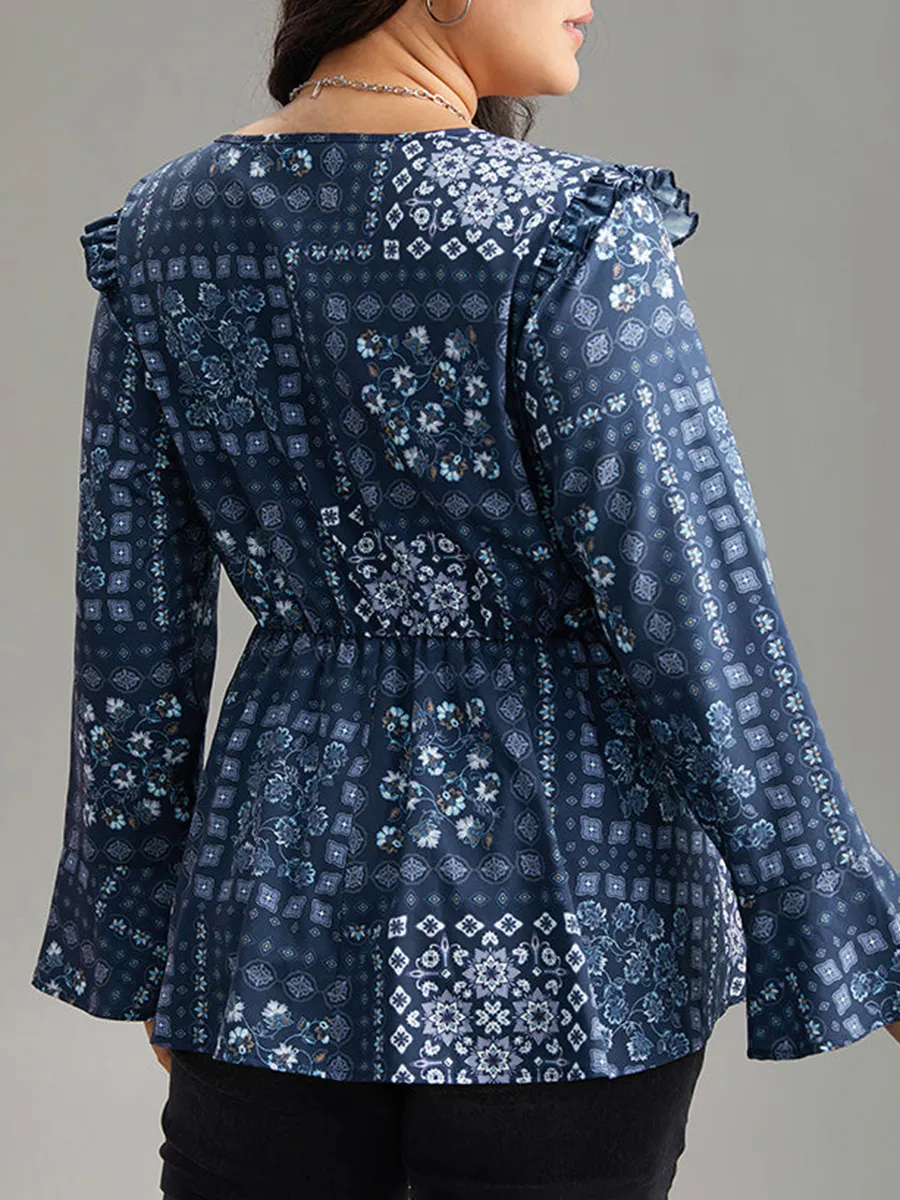 V-Neck Ruffled Patchwork Shirt