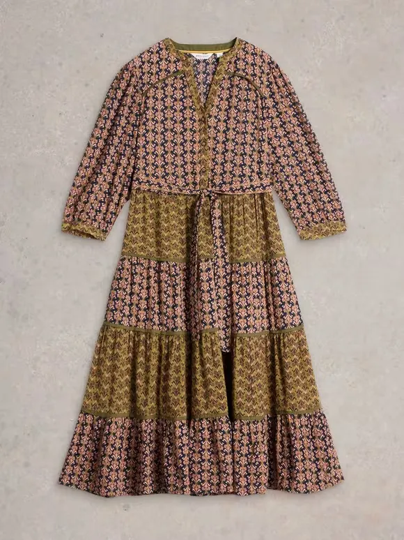 Mixed Print Midi Dress