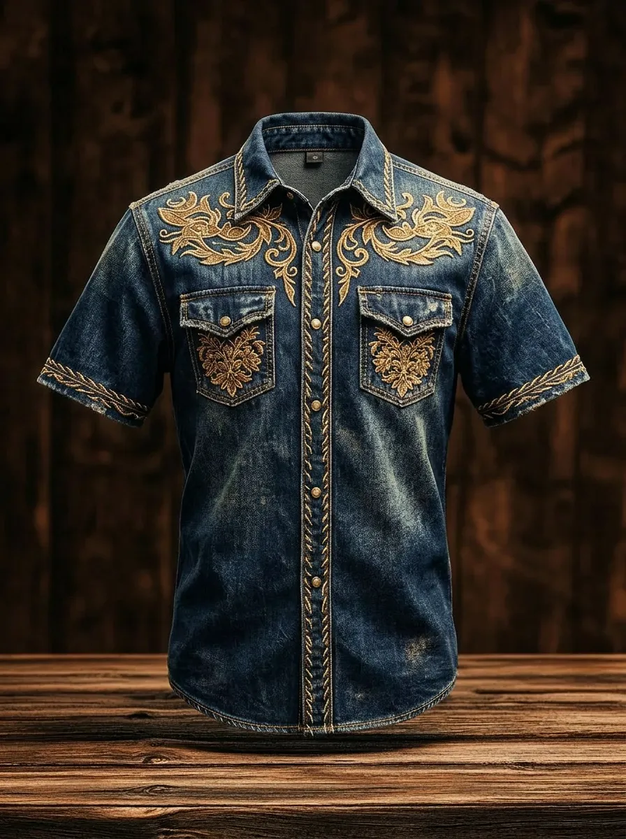 Men's Western Cowboy Floral Embroidery Printed Denim Shirt-2