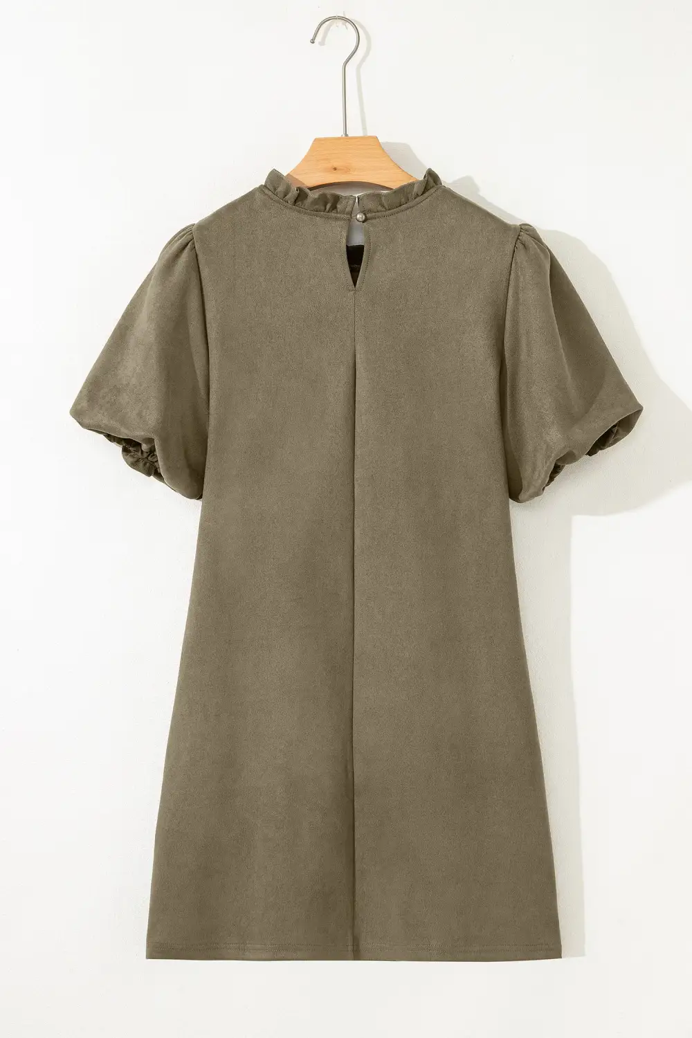 Moss Frilled Round Neck Short Puff Sleeve Shift Mini Dress