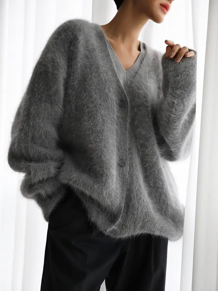 Women’s V-Neck Button-Up Fuzzy Cardigan