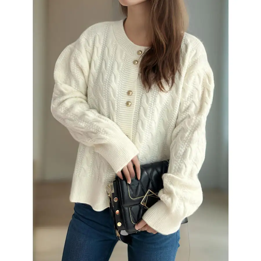 Cable Knit Round Neck Long Sleeve Cardigan