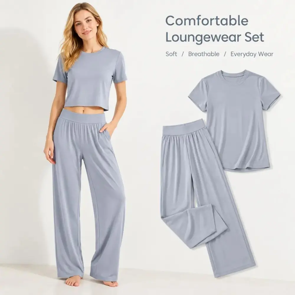 Casual Long Sleeve Top & High-Waist Wide-Leg Pants Tracksuit Set