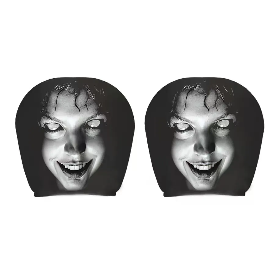 Black & White Creepy Smile Design Car Headrest Cover Stretch Universal Horror Car Dust Cover