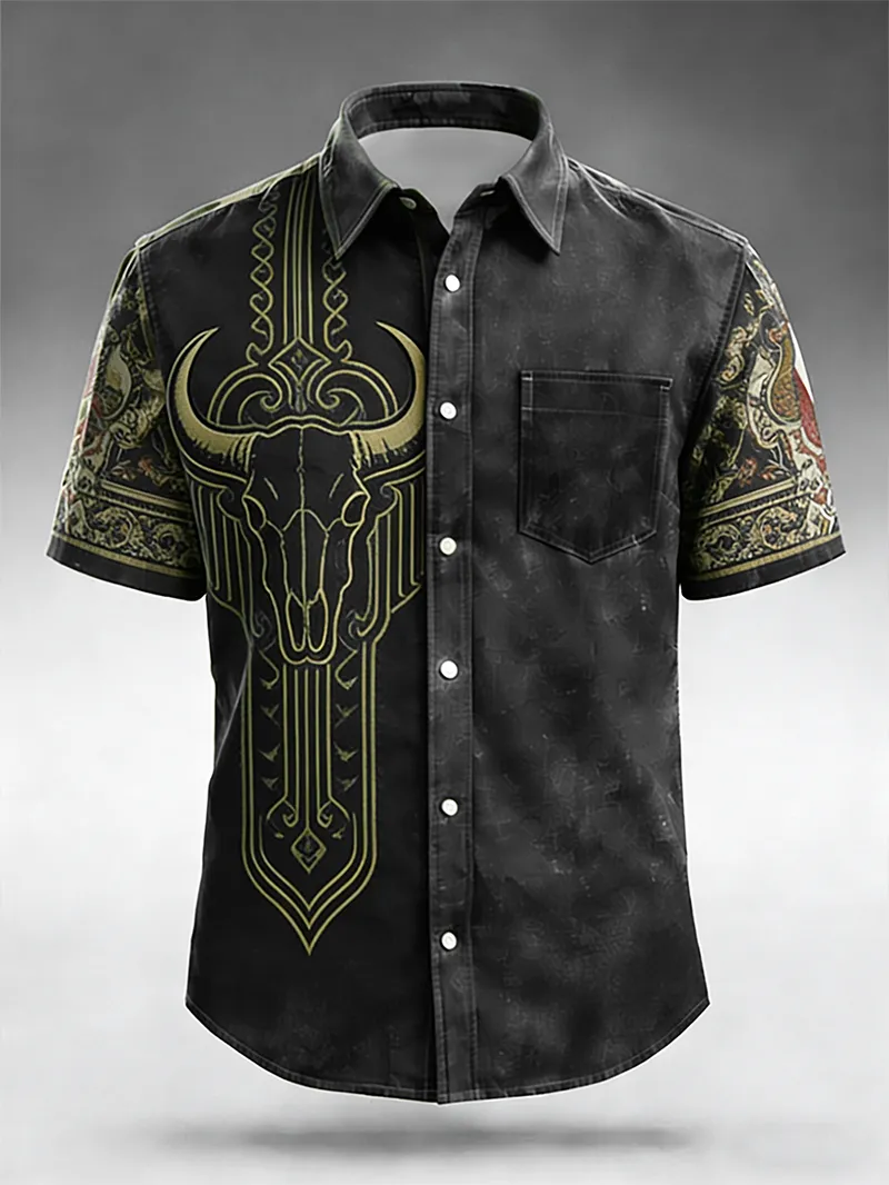 Men's Bull Skull Tribal Tattoo Print Short Sleeve Shirt