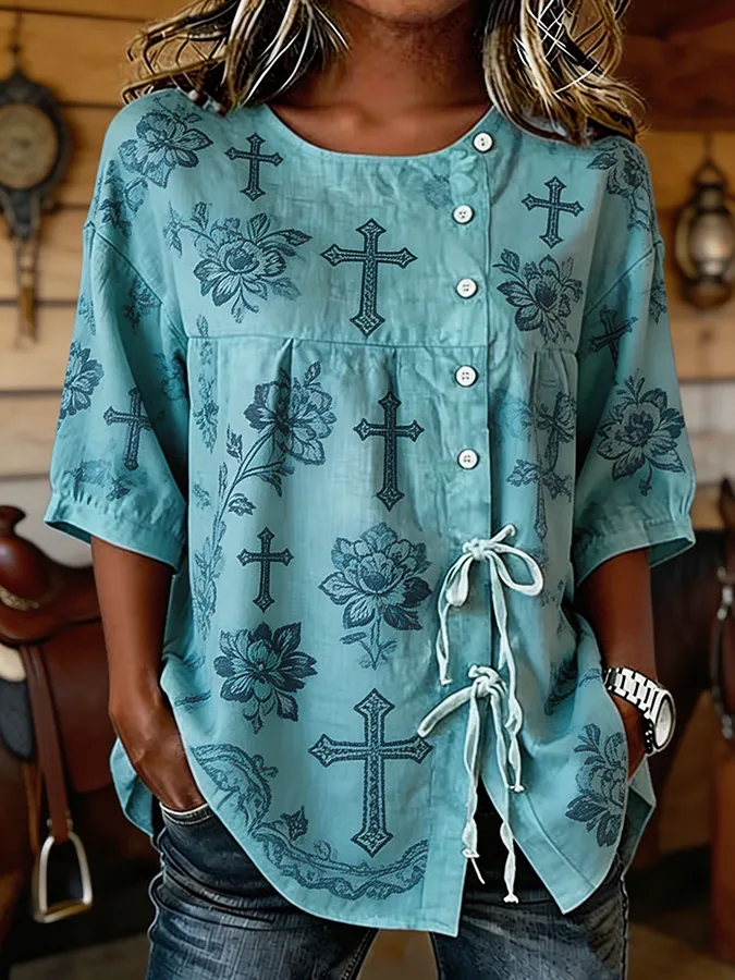 Women's Cross & Floral Print Tie Waist Western Button-Down Blouse