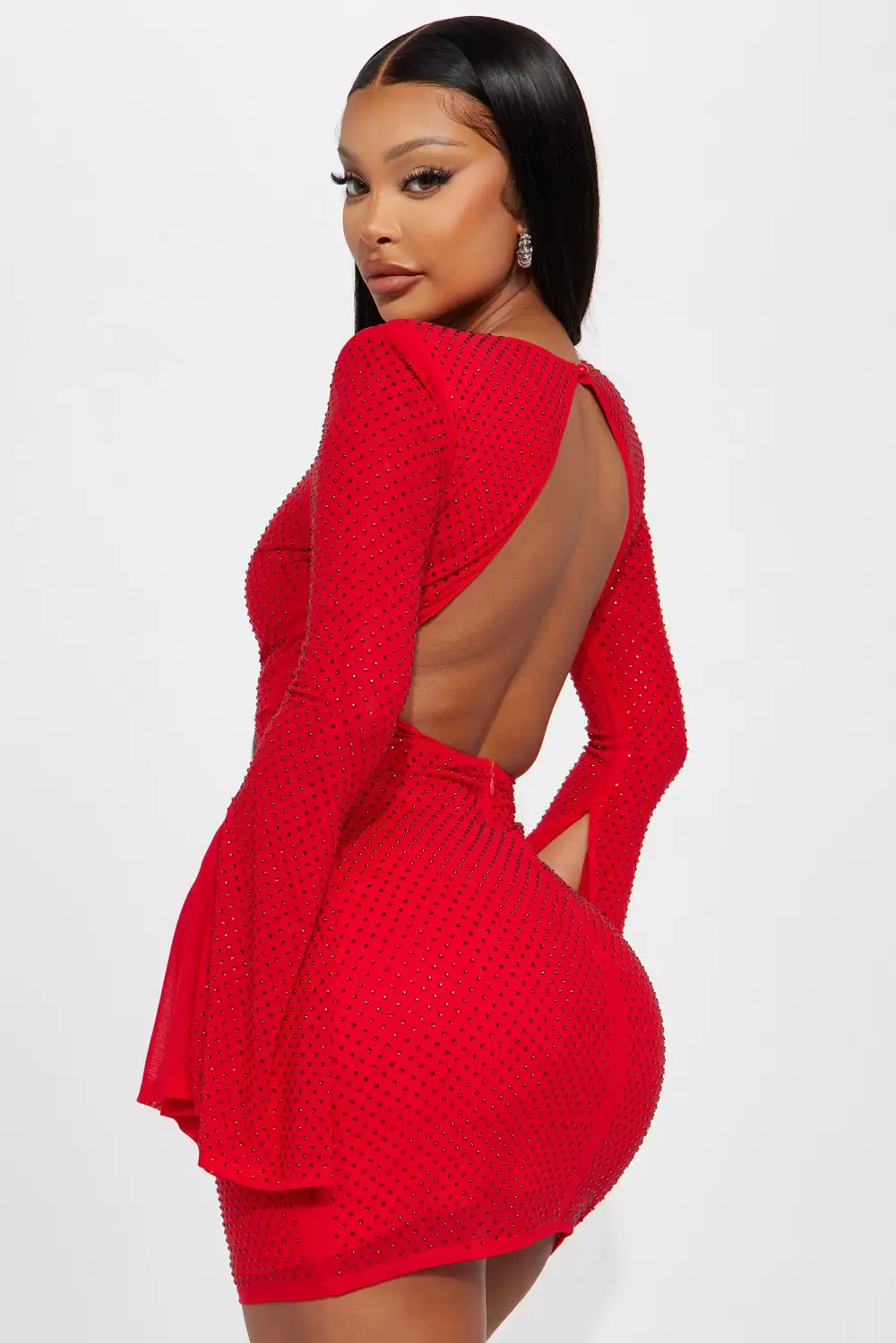 Sarah Rhinestone Mesh Mini Dress - Red