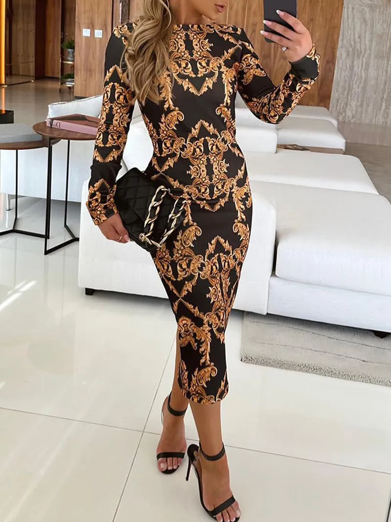 Women's bodycon printed long sleeve dress