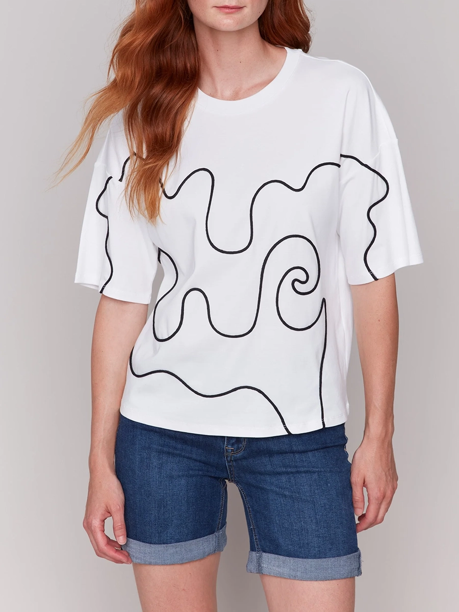 Fashion Abstract Line Drawing Cotton Short Sleeve