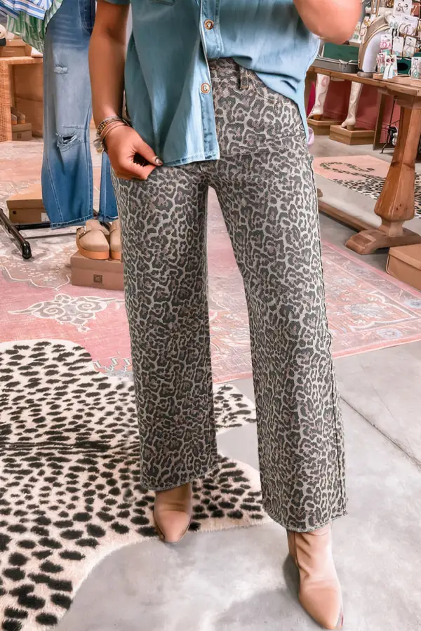 Street Leopard Frayed Edge Wide Leg High Waist Jeans