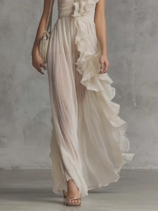 One Shoulder Ruffle Chiffon Maxi Dress