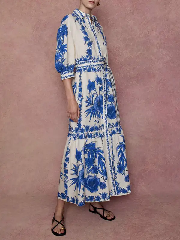 Pleated Floral Printed Shirt Maxi Dress