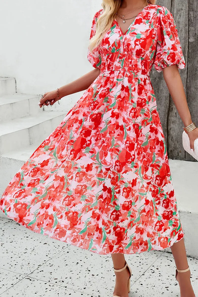 Smocked Printed V Neck Casual Dress