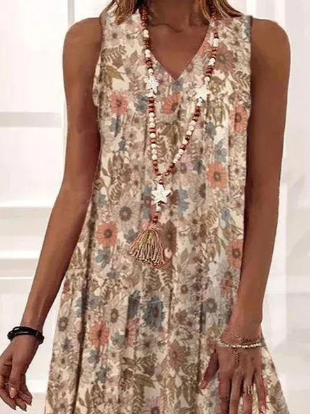 Casual Loose Floral V Neck Dress