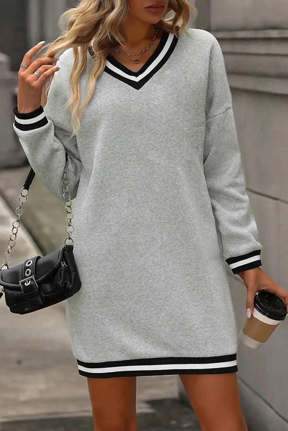 Light Striped Trim V Neck Long Sleeve Preppy T Shirt Dress