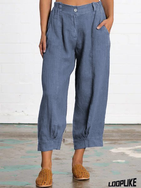 Linen Women Loose Capri Pants With Pockets