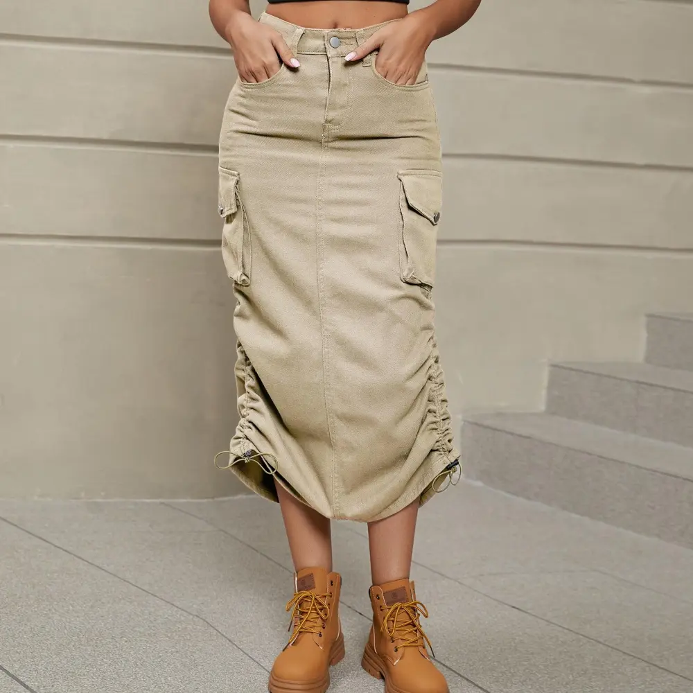 Drawstring Ruched Slit Midi Skirt
