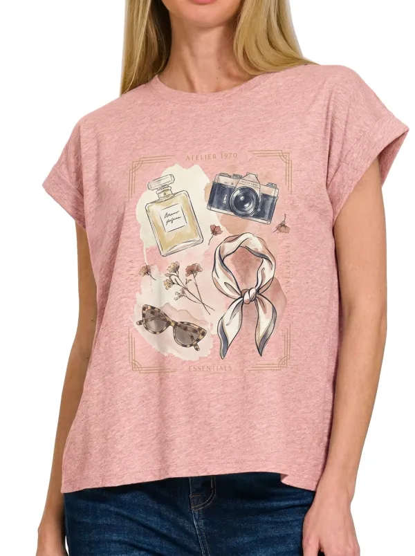 Women's Fashion Lover Camera Perfume Scarf Printed T-shirt