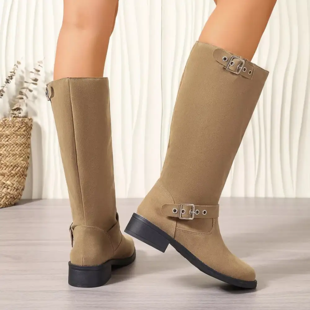Textured Round Toe Block Heel Boots