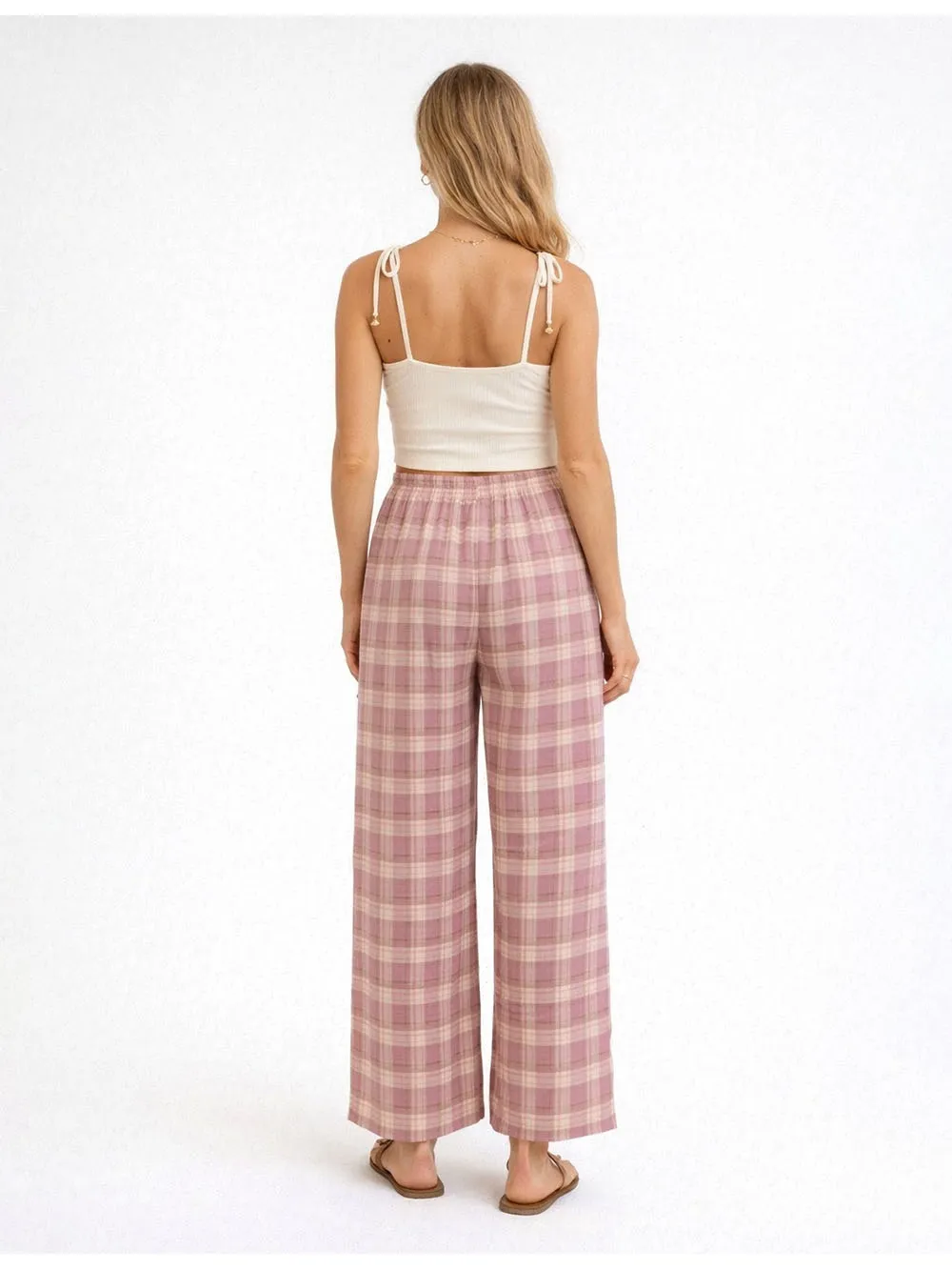 Checked Elastic Waist Drawstring Wide Leg Pants
