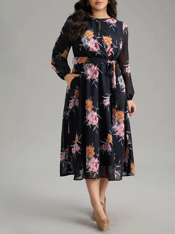 Elegant Senior Floral Waist Dress Midi Skirt