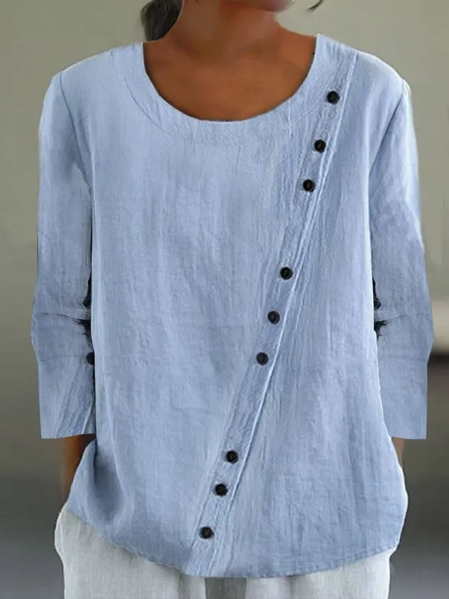 Crew Neck Long Sleeve Plain Regular Loose Shirt For Women