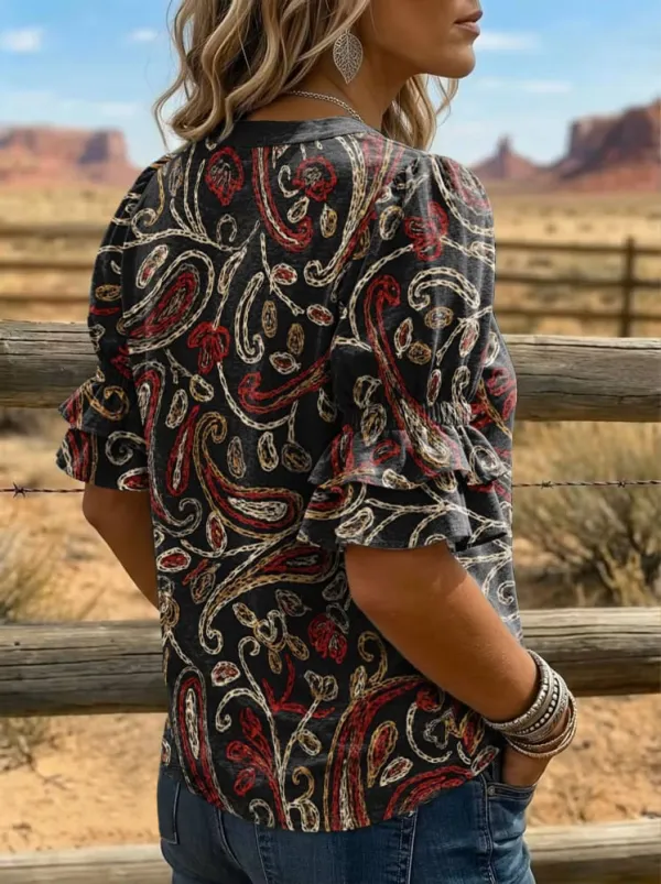 Women's Paisley Print Puff Sleeve Casual Shirt