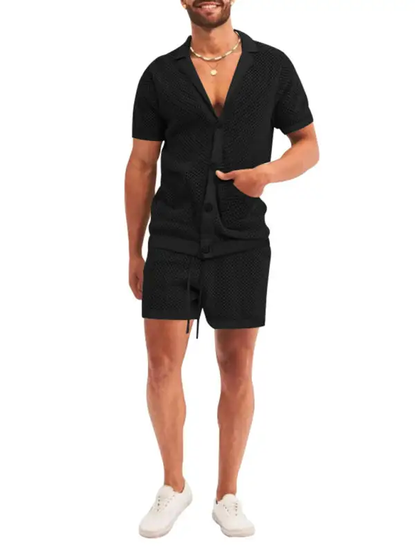 Knit Lapel Collar Short Sleeve Shorts