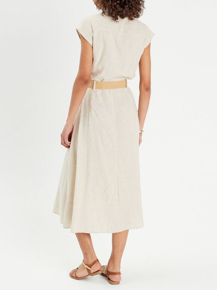 Robe chemise midi évasée 55% de lin beige femme