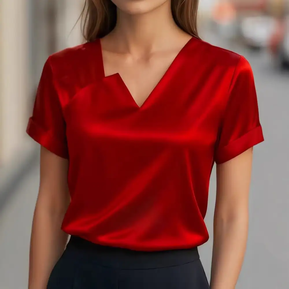 Asymmetric Satin V-Neck Shirt