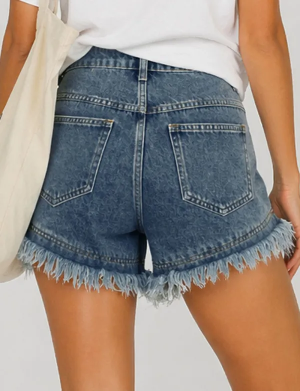 Distressed Raw Edge Frayed Hem Denim Shorts
