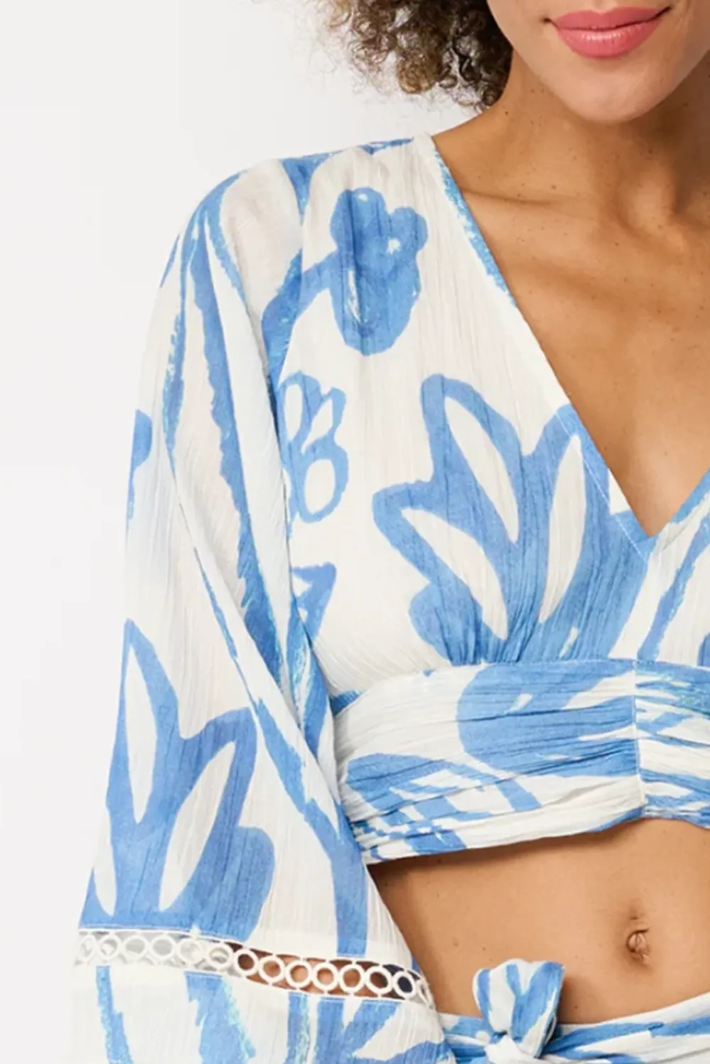 Blue And White Abstract Print Wrap Crop Top