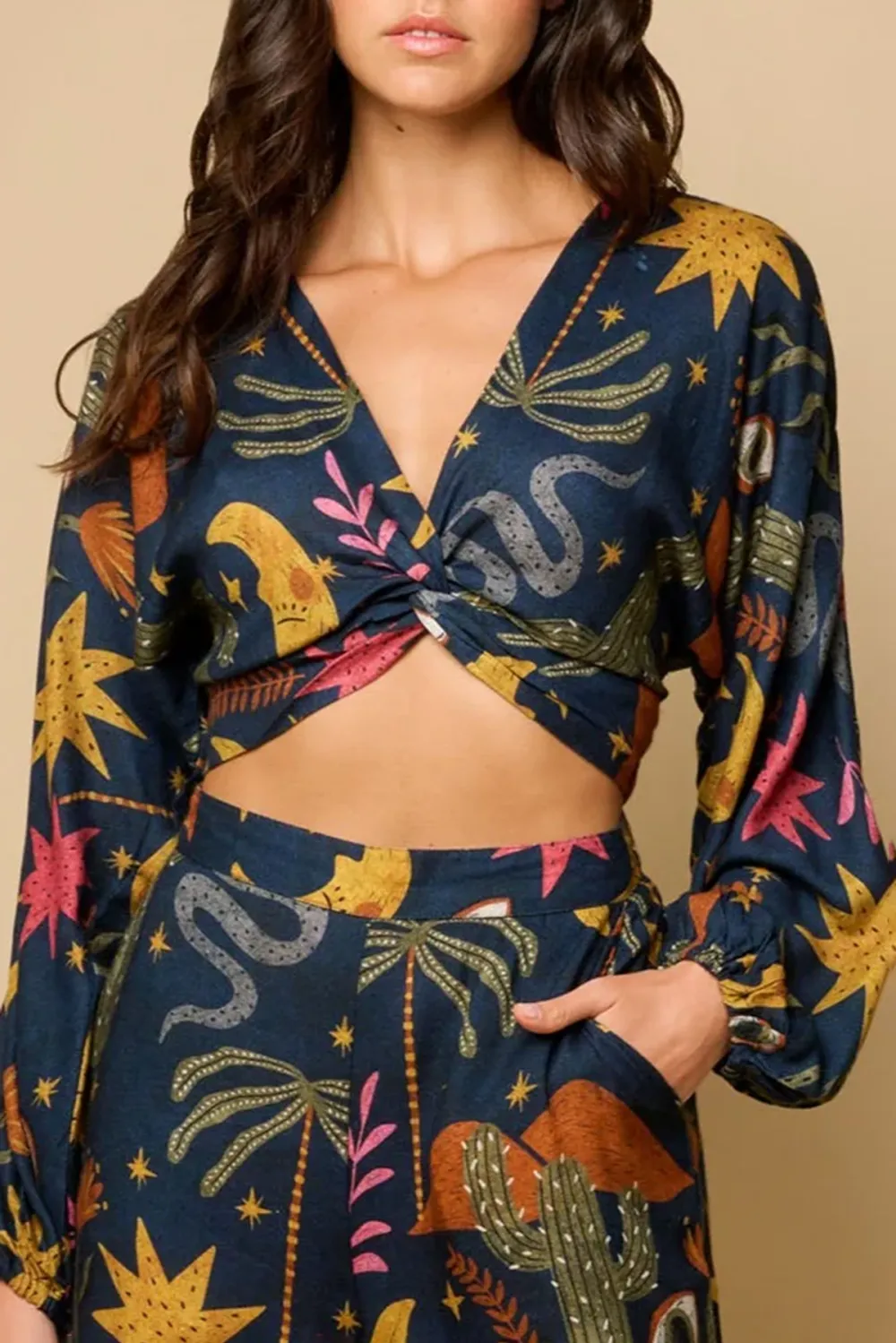 Navy And Multicolor Celestial Print Knot Front Crop Top
