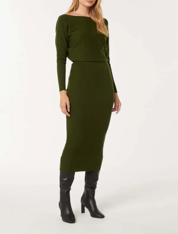 Green Off-Shoulder Midi Dress